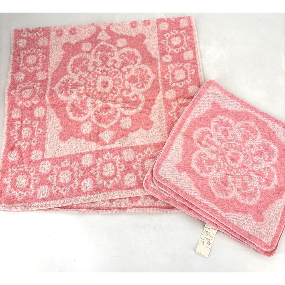 NEW Vintage Sears Petal Pink Bath Towel & 4 Wash Cloth Lot All Cotton 60s MCM